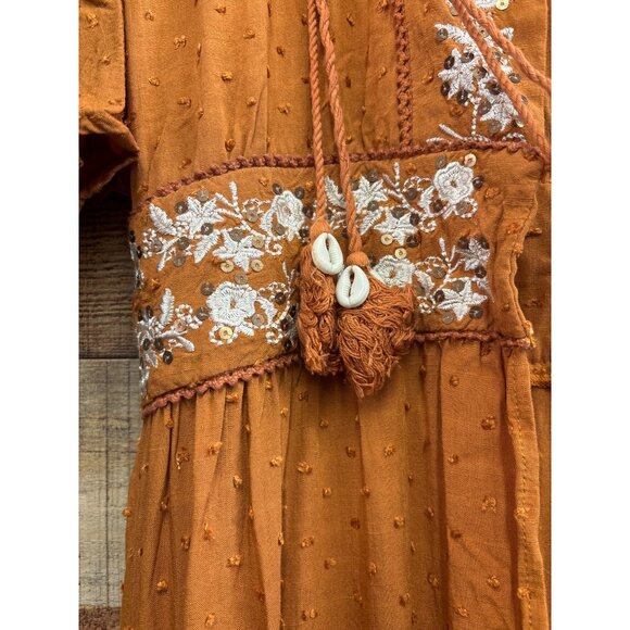 Amaryllis Rust Maxi Dress With Embroidered Floral Accents - Picture 2 of 6